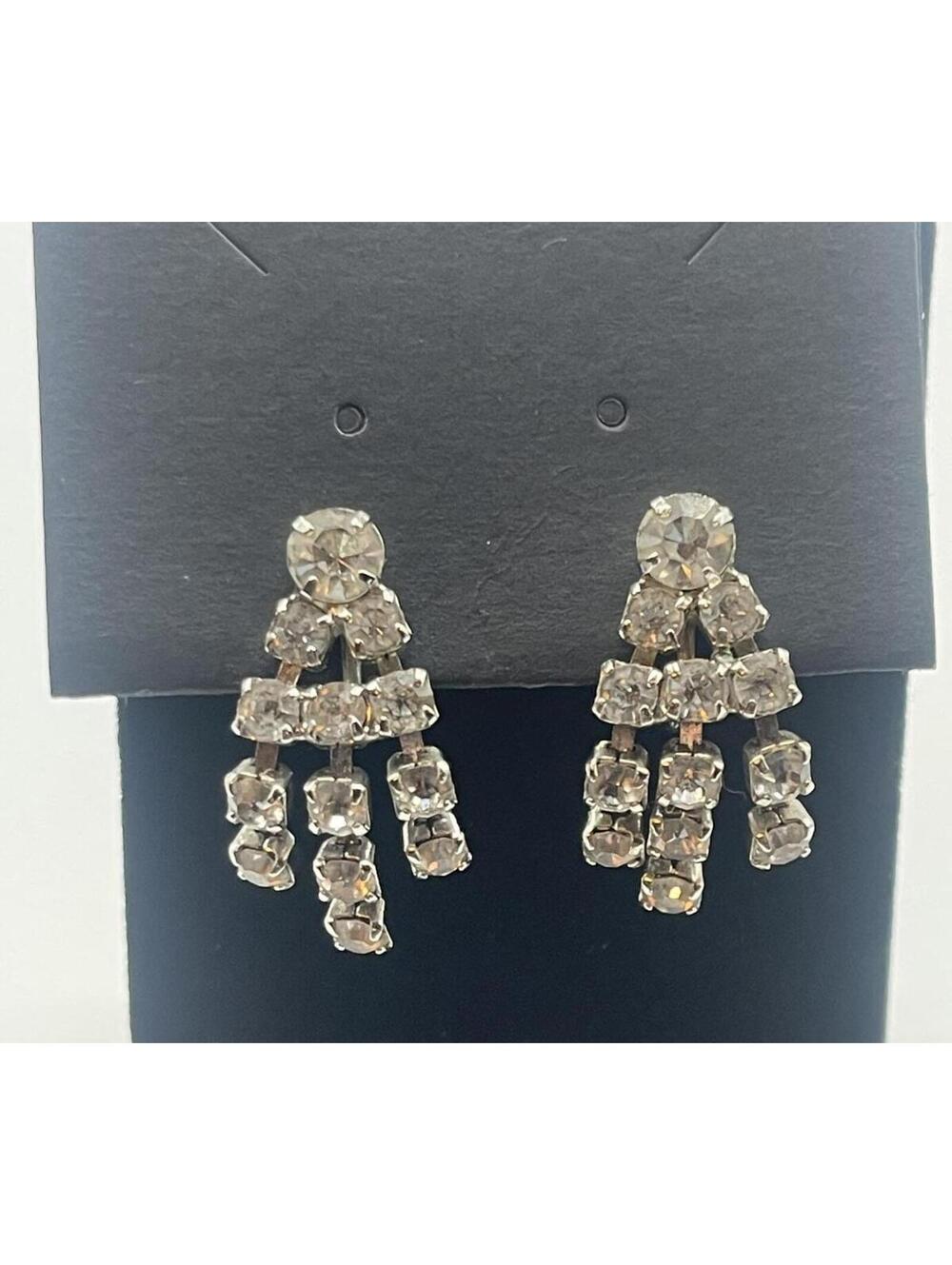 Vintage Silver Tone Rhinestone Dangle Screw-Back Earrings 1940s
